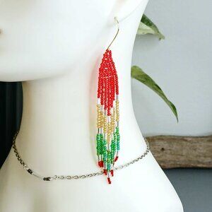 BOGO EARRINGS Boho Chic Holiday Beaded Fringe Earrings, Cascade Shoulder Duster